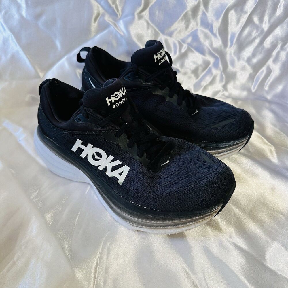 Women's Hoka One One Bondi 8 Black/White Running Shoes, Size 9B, 1127952